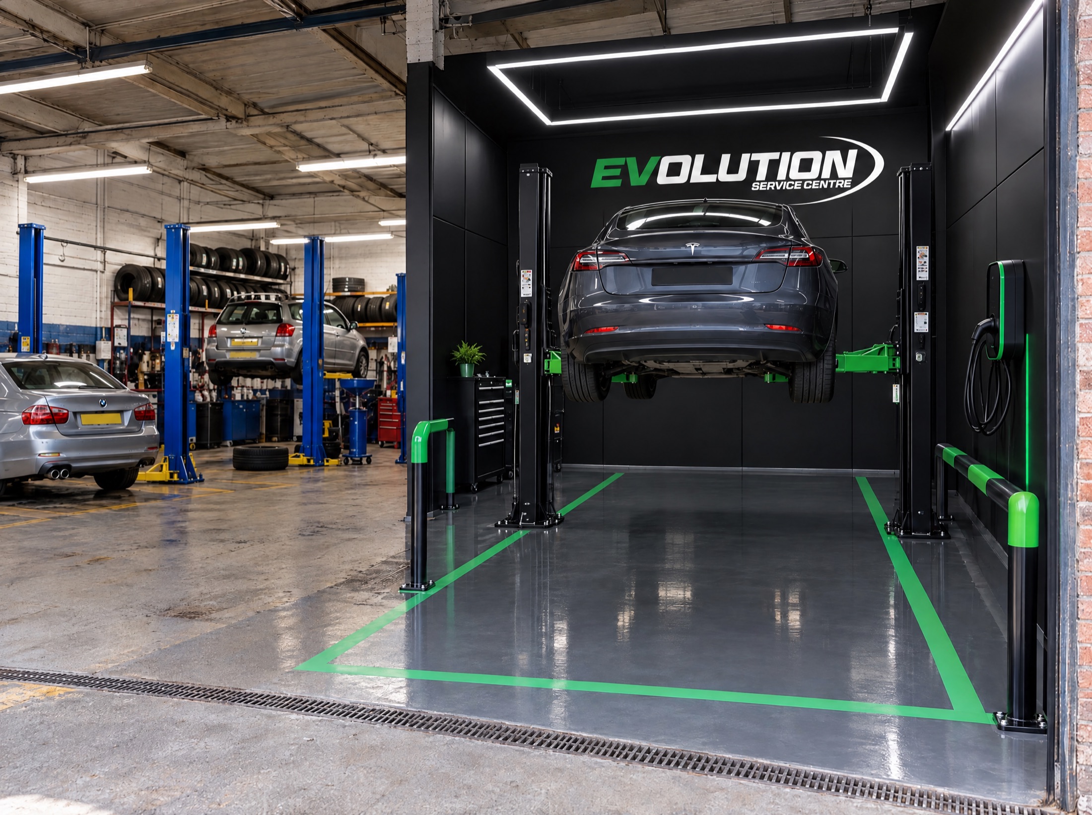 A branded Evolution EV bay installed in one section of an existing garage