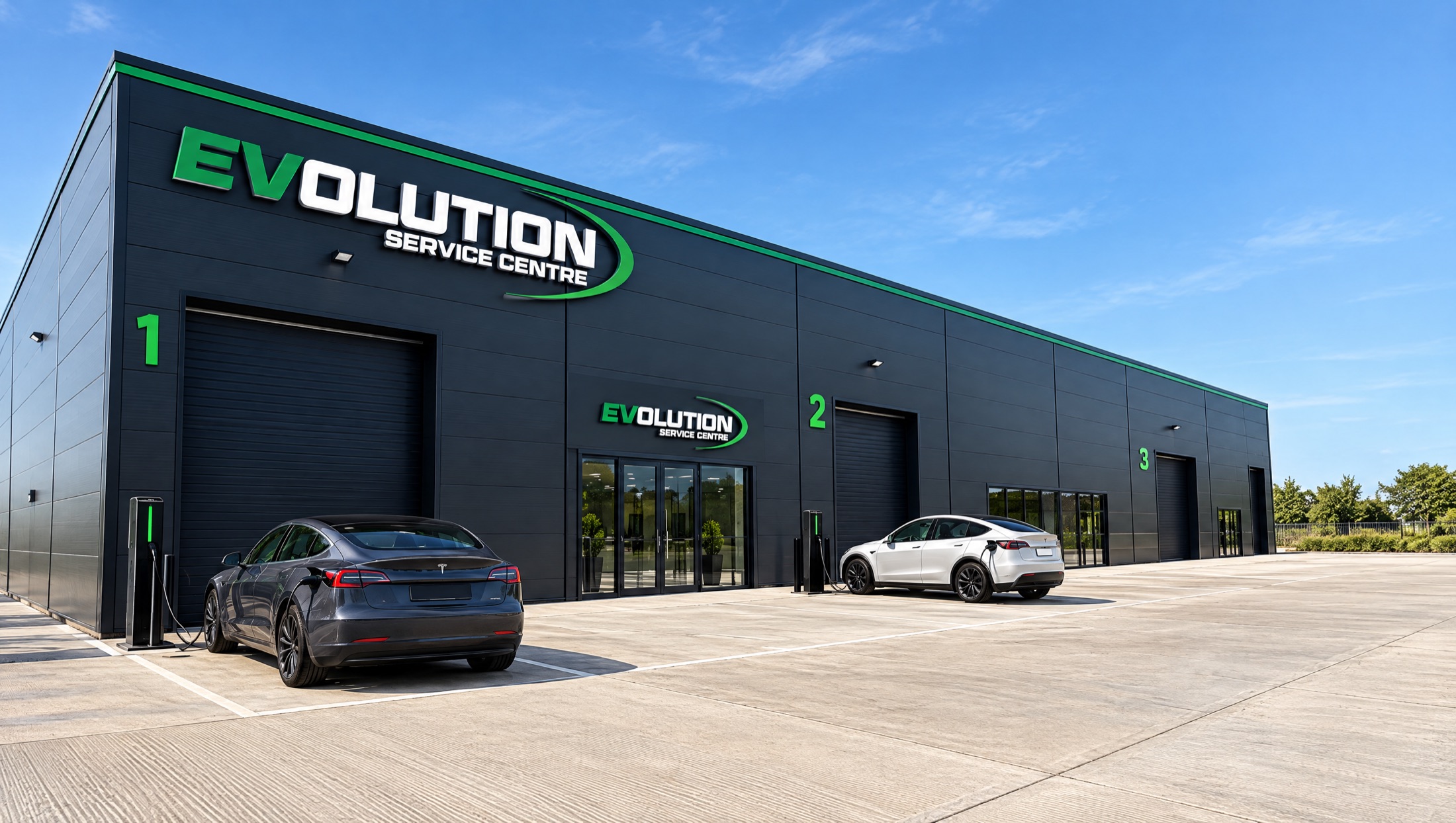 An Evolution Service Centre building with black cladding and illuminated signage