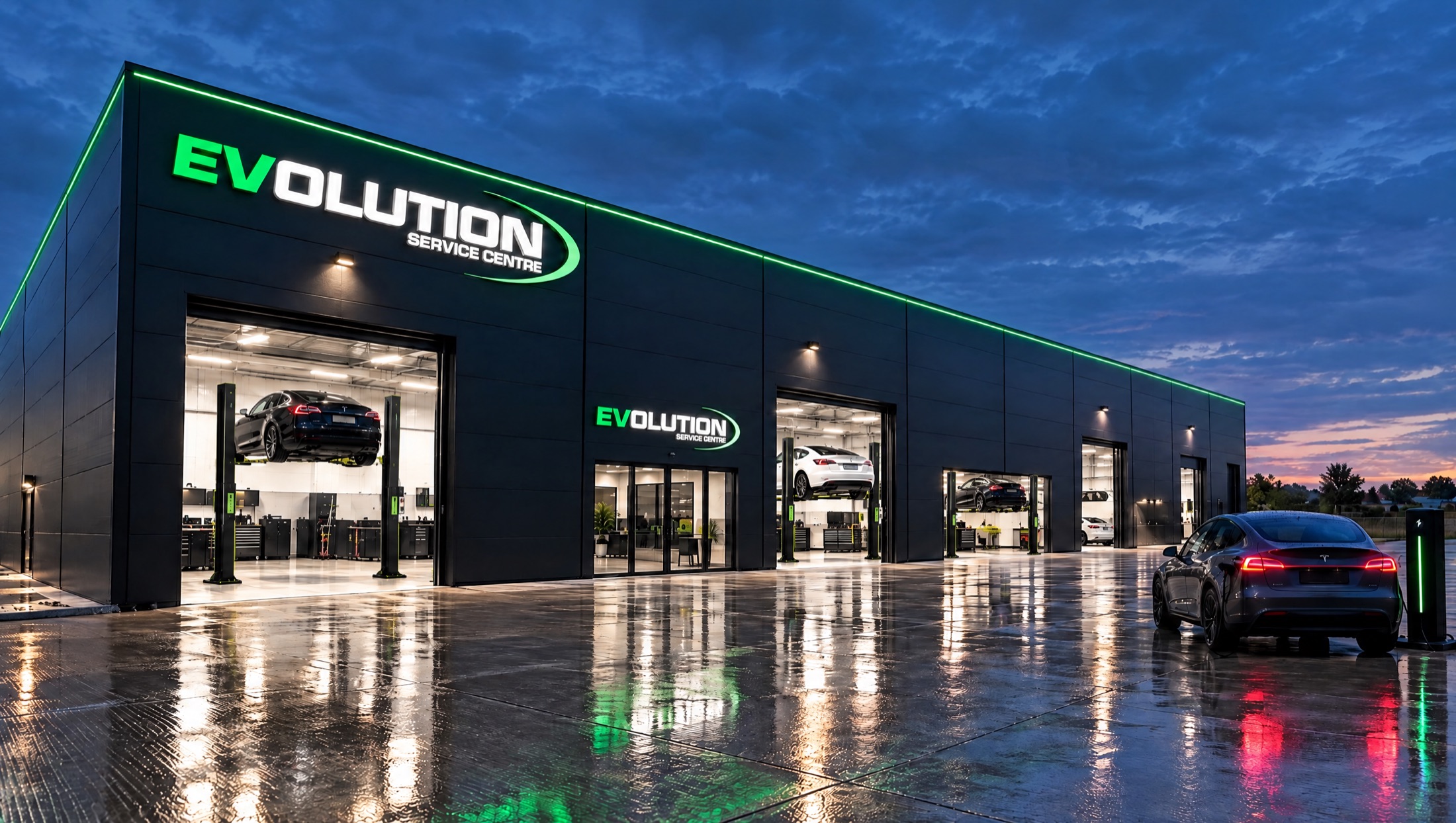 An Evolution Service Centre at dusk with the roller doors open