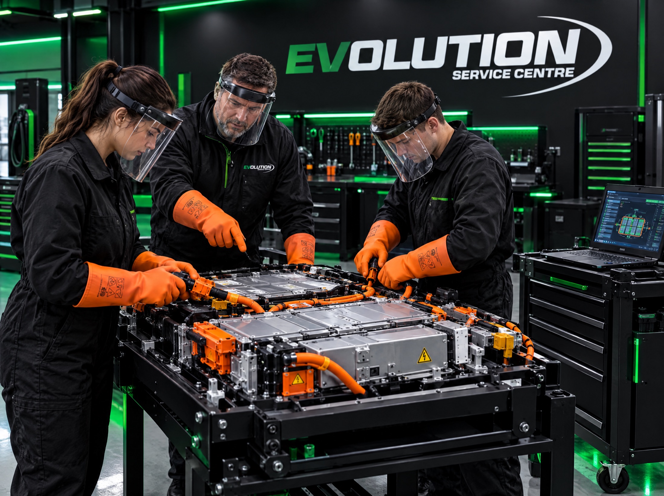 Maverick Diagnostics instructor training technicians on an EV battery